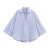 Primavera e Verão 2025 Nova Camisa Feminina Listrada de Lapela Mistura de Linho Solta Poplin Manga Três Quartos Novo Estilo Europeu e Americano