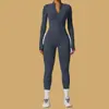 Body de Manga Larga de Color Sólido Europeo y Americano Estilo Cremallera Central Delantera Jumpsuit Elástico Cintura Alta Moldeador Ropa Deportiva de Fitness Body