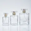 Botellas cuadradas de vidrio para perfume en stock 30ml 50ml 100ml botellas cuadradas planas para perfume botellas de alta gama para dispensar perfume con atomizador fino