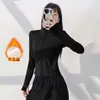 Jaqueta de Yoga Feminina com Forro de Fleece para Outono e Inverno Gola Alta Zíper Cintura Ajustada Slim-Fit Roupa Fitness Polegar Espessado Fleece Top Esportivo