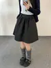 Elegante saia de lã cinza para mulheres, outono e inverno, tamanhos grandes, petite, cobre o quadril, saia plissada estilo guarda-chuva de comprimento médio