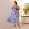 Amazon 2025 Verano Nuevo Vacaciones Europeas y Americanas Casual Estampado Cintura Mangas Abullonadas Vestido Grande Mujer