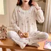 Pijama Nuvem de Algodão Estilo Princesa para Mulheres, Manga Longa e Calça para Primavera e Outono, Doce, Fofo, Fresco, Roupa de Casa com Gola Redonda para Estudantes