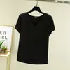 Top de mujer con cuello en V, camiseta básica, talla grande, nueva camiseta de manga corta de verano, adelgazante, color liso, modal, estilo coreano, corte holgado