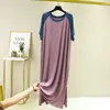 Vestido de Verão Plus Size Modal Solto Raglan Contraste Manga Curta Cobertura da Barriga Fenda Lateral Gola Redonda Saia Longa para Casa