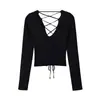 Comercio exterior transfronterizo 2026 nuevo otoño manga larga cuello en V espalda cruzada tejido top corto 3433006
