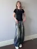 Jeans Retrô Americano Lavado com Padrão de Nó de Bambu Perna Curva Feminino 2026 Novo Solto Emagrecedor Cintura Alta Perna Larga Comprimento Total