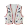 Chal de tirantes de estilo europeo y americano transfronterizo para mujer al por mayor, estilo étnico, bordado floral, bloques de color, de frente abierto, multicapa