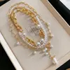 Collar de Cadena con Perlas Europeas y Americanas Transfronterizo Hebilla OT Conjunto de Tres Piezas Lujo Ligero Sentido de Alta Gama Cadena para la Clavícula Adorno de Collar Versátil para Mujer