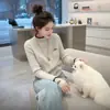 Suéter Cinza Novo Estilo Coreano Feminino Gola Redonda Outono Inverno Celebridade da Internet Chique Moda Gola Semi-Alta Malha Básica A14772