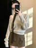 Top de malha de alta qualidade estilo coreano, ombro a ombro, manga longa com cachecol, novo suéter feminino slim fit para outono e inverno