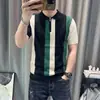 2026 Nuevo Estilo Coreano Verano Seda de Hielo Manga Corta Bloque de Color Degradado Camisa Polo para Hombre Casual Rayas Color de Contraste Cuello de Sol Tendencia