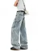 Calça Jeans Wide Leg Vintage Estilo Americano Lavada de Caimento Solto para Homem, Calça Comprida de Perna Reta Tendência Marca Levemente Flare