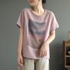 ***Nova Camiseta de Algodão e Linho de Manga Curta para Mulheres, Camiseta Fina de Linho com Estampa Retrô, Top de Verão Soltinho Artístico de Tamanho Grande***