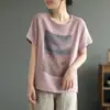 ***Nueva playera de manga corta de algodón y lino para mujer, playera delgada de lino estampada retro, top de verano artístico holgado de talla grande