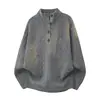Suéter de Tricô Cinza Mescla Tecido Gola Alta Retrô Americano Masculino Casual Solto Pulôver Gola Henley Estilo Preguiçoso Top