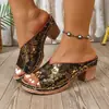 Sapatos Transfronteiriços Europeus e Americanos Chinelos Florais Transfronteiriços Salto Bloco Feminino Tamanho Plus Em Estoque Uma Tira Atacado Verão Com Atacado Tamanho Plus