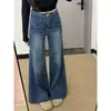 Jeans Retro Azules de Cintura Alta con Bolsillos Superpuestos Micro-Campana para Mujer Otoño No se Pegan Piernas Adelgazantes Buena Caída Extra Largos hasta el Suelo de Campana