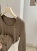 KEKEZOON Estilo Coreano de Principios de Invierno Simple Versátil Elástico Adelgazante Esponjoso Forrado Camiseta de Manga Larga con Cuello en U 9331