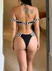 Bikini de Color Sólido Estilo Europeo y Americano para Mujer, Traje de Baño Sexy Hueco para Chica Atrevida con Cuello Halter para Vacaciones en Aguas Termales