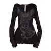 2025 Nuevo Otoño e Invierno Subcultura Americana Gótico Estilo Oscuro Sexy Camiseta de Manga Larga Estampada con Pedrería Retro