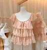 AS Trece Líneas Verano para Mujer Estilo Coreano Dulce y Pura Chica Adorno de Encaje con Volantes Manga Corta Volanteada Blusa de Malla Top Holgado