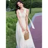 Vestido Largo de Encaje con Cordones y Cuello en V, Estilo Suave y Elegante para Mujer, Nueva Moda Verano 2025 Casual Estilo Francés Super Hada Línea A