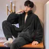 Pijama de Pelúcia de Inverno Masculino Cabelo Longo Lã de Coral Quente Cardigã com Zíper Conjunto de Flanela Conjunto