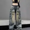 Jeans de trabalho wide leg estilo retro americano high street feminino outono novo design de cintura baixa calças soltas afuniladas moda