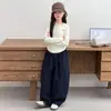 Conjunto de Outono para Meninas 2026 Novo Estilo Fashionável Chique Tricô com Capuz Conjunto de Calças de Pernas Largas para Crianças de Meia-Idade e Mais Velhas