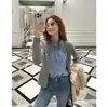 Thirteen Lines Coleção Outono 2026: Camisa de linho elegante, de cor sólida, com design de blusa de tricô falsa de duas peças para mulheres