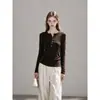 Camiseta Manga Longa Botão Estilo Coreano Minimalista Top Outono Inverno Slim Fit Camada Interna Versátil Diária Base Roupas Femininas 27035