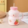 Taza de cerámica creativa de verano con forma de corazón para niña, con pajita y tapa, con forma de yogur, para agua