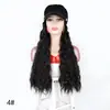 Peluca de mujer con pelo largo rizado y permanente de maíz con sombrero, peluca de fibra sintética con rizos de maíz y sombrero azul marino