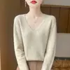 Suéter de punto sin costuras 100% lana con cuello en V y puntos de colores, corte holgado, adelgazante, color liso, suéter base de punto para mujer