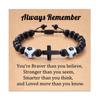 Pulsera de cuentas de fútbol con cruz estilo deportivo, pulsera ajustable tejida a mano con cuentas de piedra negra y balón, con cartón