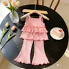 Conjunto Verão Meninas Dopamina Seda Gelo Fina Bebês Alça Espaguete Top Calça Flare Casual Comércio Exterior