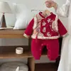 Macacão de Bebê, Macacão de Bebê de Inverno, Roupa Formal para Bebê de Um Ano, Roupa de Cumprimento de Ano Novo, Roupa Grossa Vermelha Festiva para Exterior