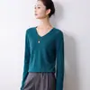 Suéter de punto de alta gama listo para usar para mujer, con cuello en V y manga larga, corte holgado, adecuado para primavera y otoño, top tipo camiseta base sin costuras
