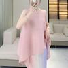 Top de Color Sólido Irregular Holgado Plisado Estilo Occidental Reductor de Edad para Mujer Verano Nuevo Miyake Moderno Sin Mangas Camiseta Chaleco