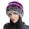 Cálido Gorro Grueso con Protección para las Orejas de Piel de Conejo Rex Tres Pompones Otoño e Invierno Gorro Redondo Tejido Sombrero de Lana para Mujer