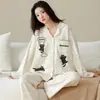 Algodón PuroPijama de Manga Larga para Mujer Otoño Nuevo Estilo Cárdigan Dibujos Animados Pantalones Largos Lindo Lunares Conjunto de Ropa para el Hogar Primavera Otoño