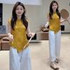 Novo Conjunto Nacional Estilo Chinês para Mulheres Verão Novo Estilo Camisa de Manga Curta com Botões Irregulares Calças de Perna Larga Conjunto de Duas Peças Tendência