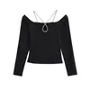 Camiseta Sexy de Hombros Descubiertos con Cutout y Cuello Halter de Manga Larga, Nueva Camiseta Básica Ajustada de Primavera, Top Picante para Chica