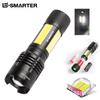 Nueva linterna XHP70 de luz fuerte transfronteriza recargable por USB retráctil con anillo de acero iluminación LED para exteriores Cuatro COB