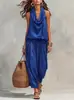 Conjunto de dos piezas estilo vacaciones europeo y americano con cuello halter para mujer, pantalones de pierna ancha sin mangas con cordón, atuendo informal relajado transfronterizo