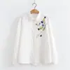 Camisa de manga longa em fio de algodão de camada dupla feminina estilo literário e artístico bordada fresca e bonita chique algodão modelagem solta blusa de base