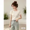 Top de punto rosa cremoso con cuentas florales y manga corta para mujer, nuevo estilo de verano, corte ajustado, versátil, cuello redondo, deslumbrante y moderno