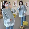 Camiseta de Maternidad en Stock Nueva de Primavera Manga Larga Estilo Coreano Encaje Patchwork Camisa Base para Todas las Estaciones Top Versátil de Maternidad