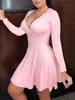 Foto Oficial Color Puro Cuello en V Manga Larga Estilo Falda Midi Elegante para el Trabajo Cintura Media Vestido